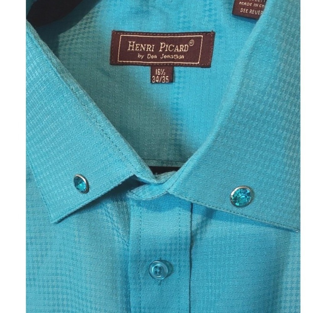 Henri Picard Button Down Shirt Mens 16.5 Y2K Turquoise Rhinestone Point Collar